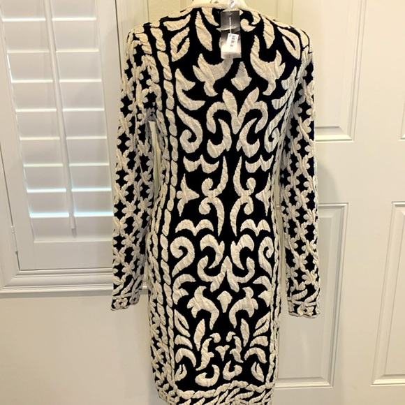INC wool blend bodycon textured knit midi dress w/metallic thread black/cream L - Picture 5 of 9